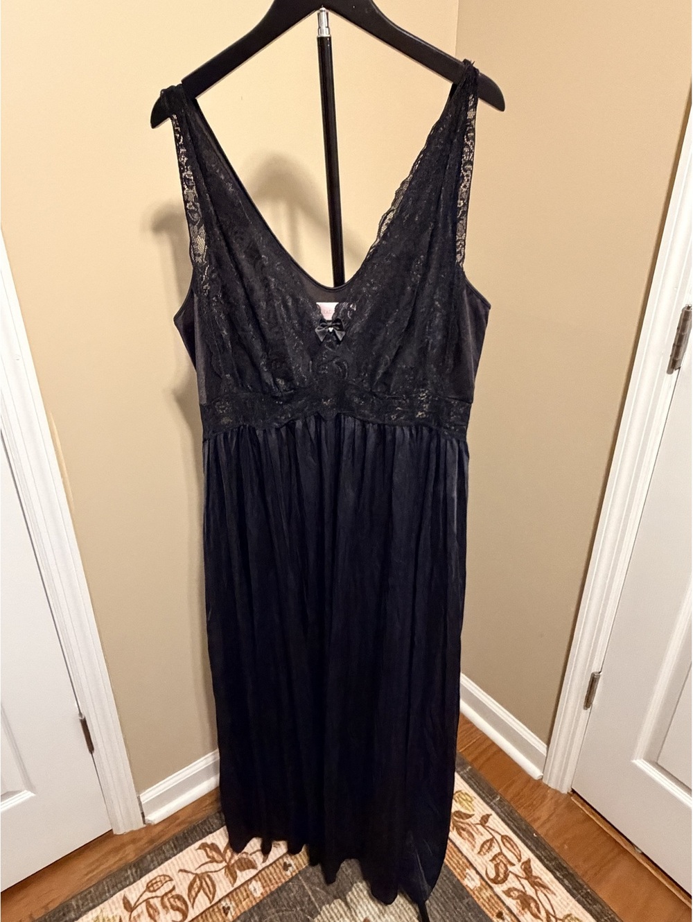 Vintage Shadowline Black Lace Long Nightgown Women XL